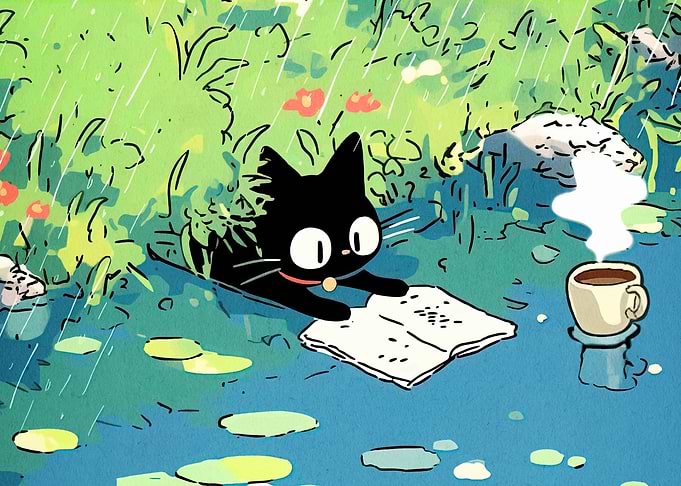 Black Cat Reading in the Rain