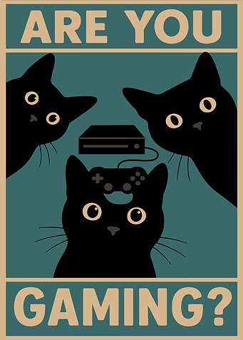 Are You Gaming? Funny Cat Gamer Wall Art | Retro Vintage Black Cat Poster for Gaming Room Decor