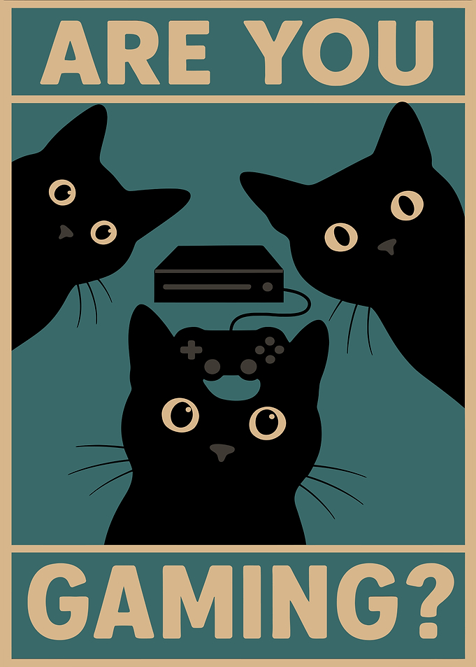 Are You Gaming? Funny Cat Gamer Wall Art | Retro Vintage Black Cat Poster for Gaming Room Decor