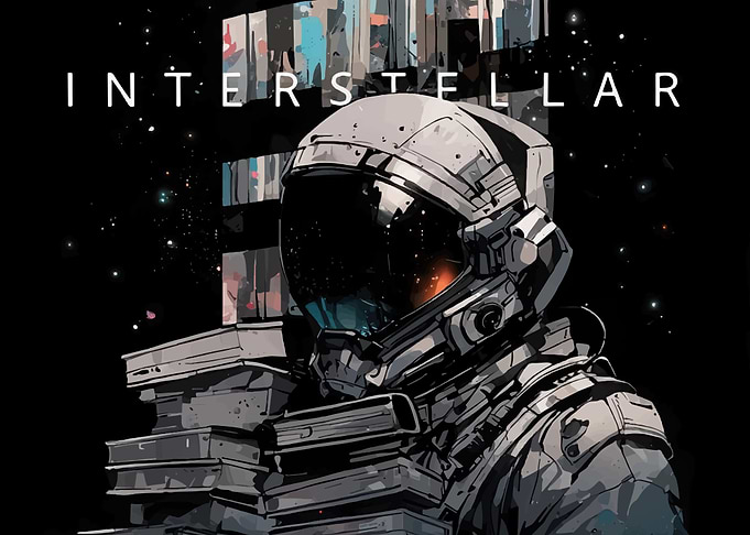 Interstellar Astronaut with Books in Space