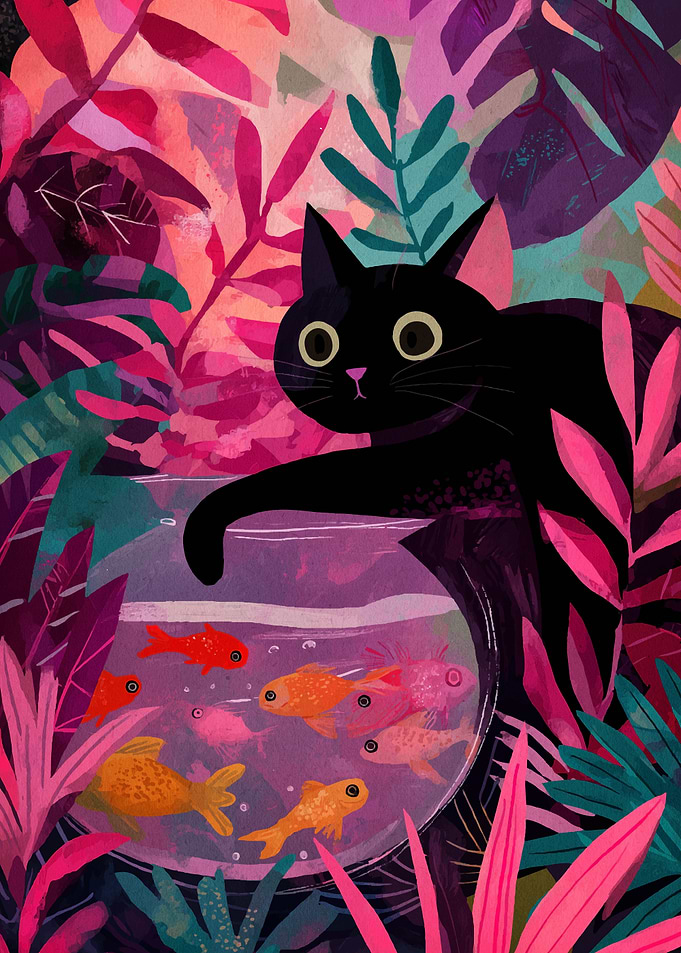 Black Cat and Goldfish Bowl Illustration