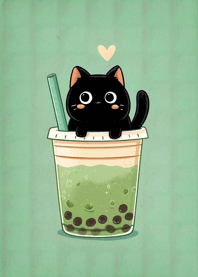 Black Cat in Matcha Bubble Tea