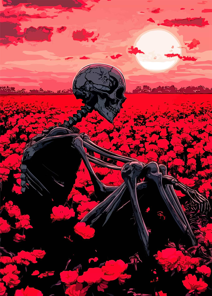 Skeleton in Red Flower Field