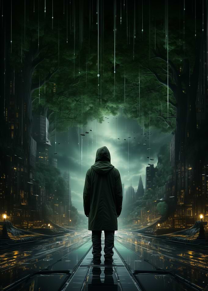 Lone Hooded Figure in Rain