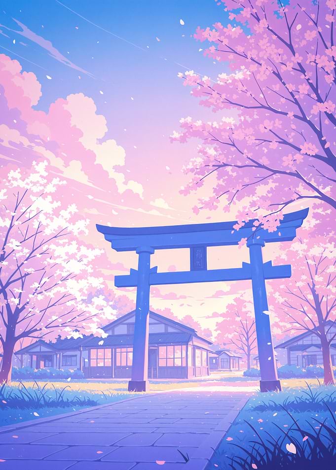 Anime Japanese Torii Gate with Cherry Blossoms Sakura