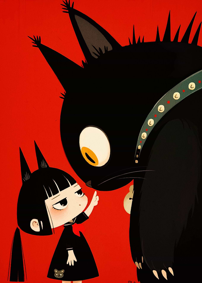 Girl and Black Cat Illustration