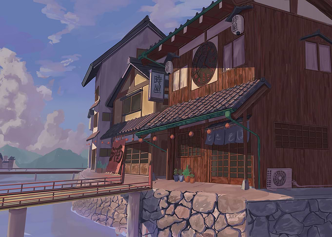 Japanese Building with Bridge Digital Art