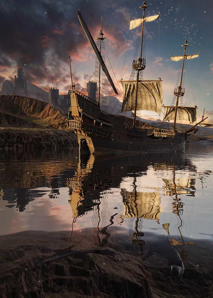 Old Sailing Ship on Calm Water