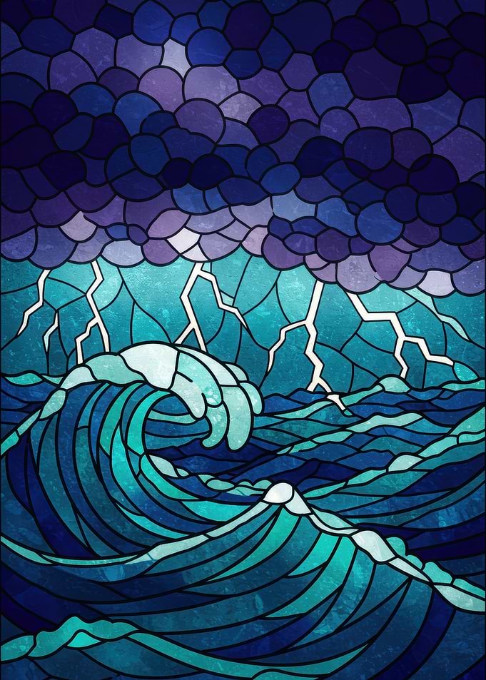 Stained Glass Stormy Sea Illustration