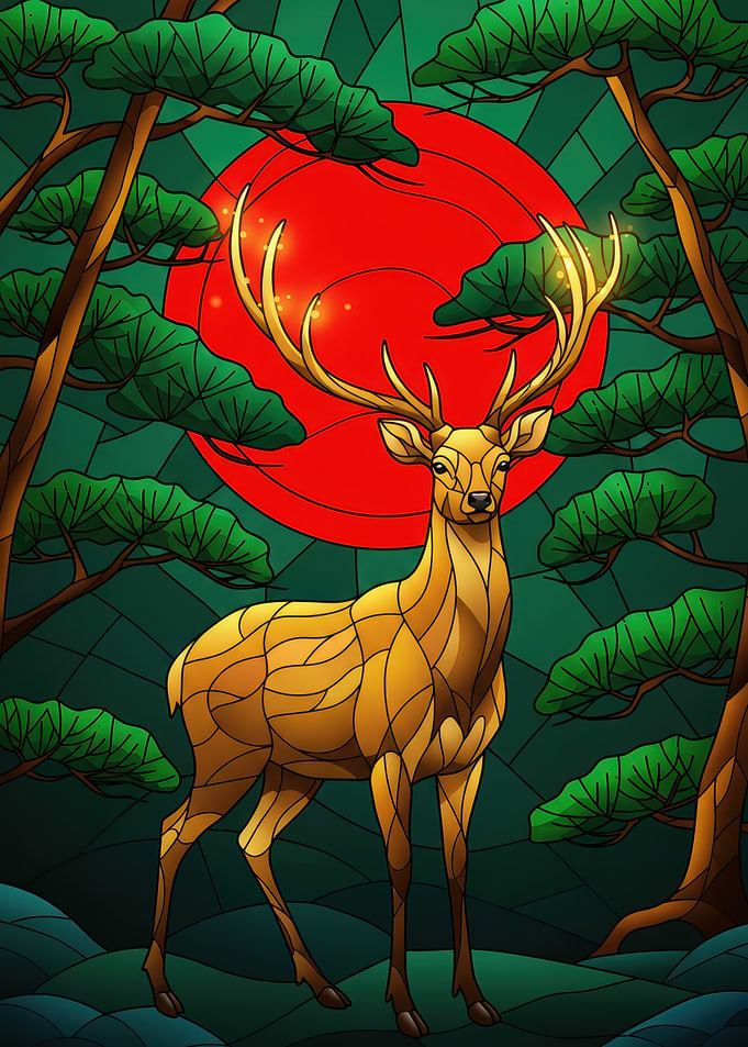 Stained Glass Deer in Forest