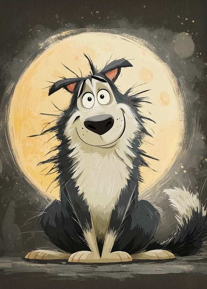 Cartoon Dog with Moon Background