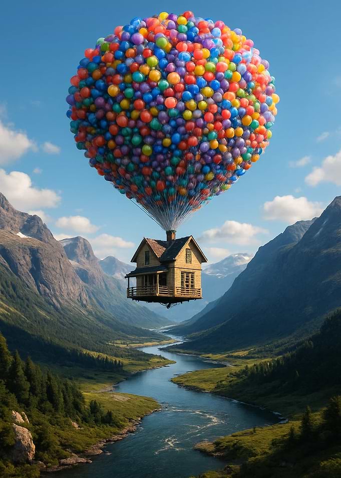 House Floating with Balloons over Landscape