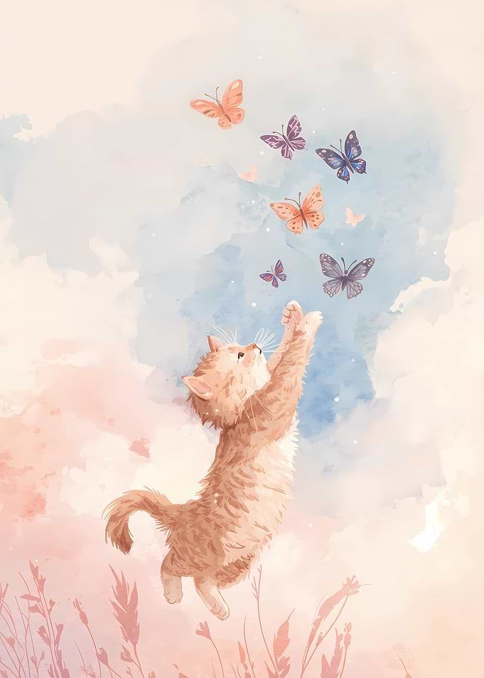 Watercolor Cat Chasing Butterflies