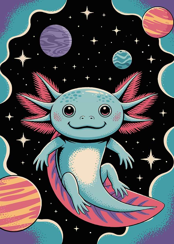 Axolotl in Space Cartoon Illustration