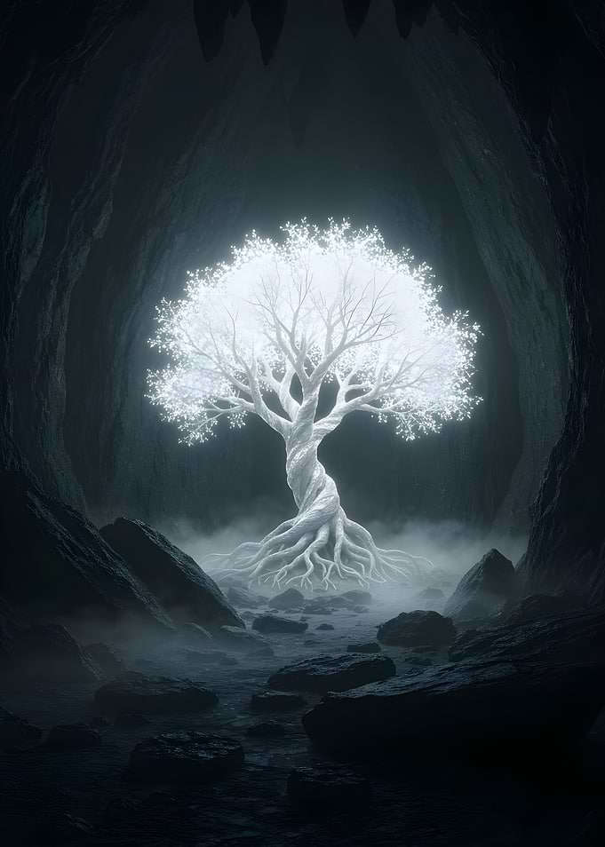 Glowing Tree in Dark Cave