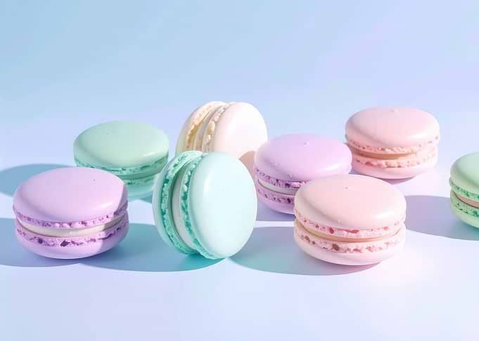 Pastel Macarons on Light Blue Background
