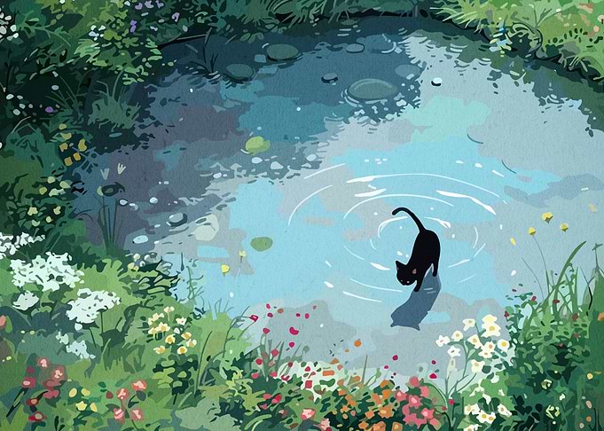 Black Cat by the Pond