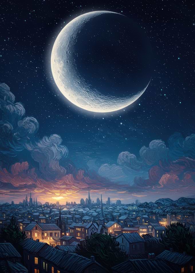 Crescent Moon Over Cityscape at Night