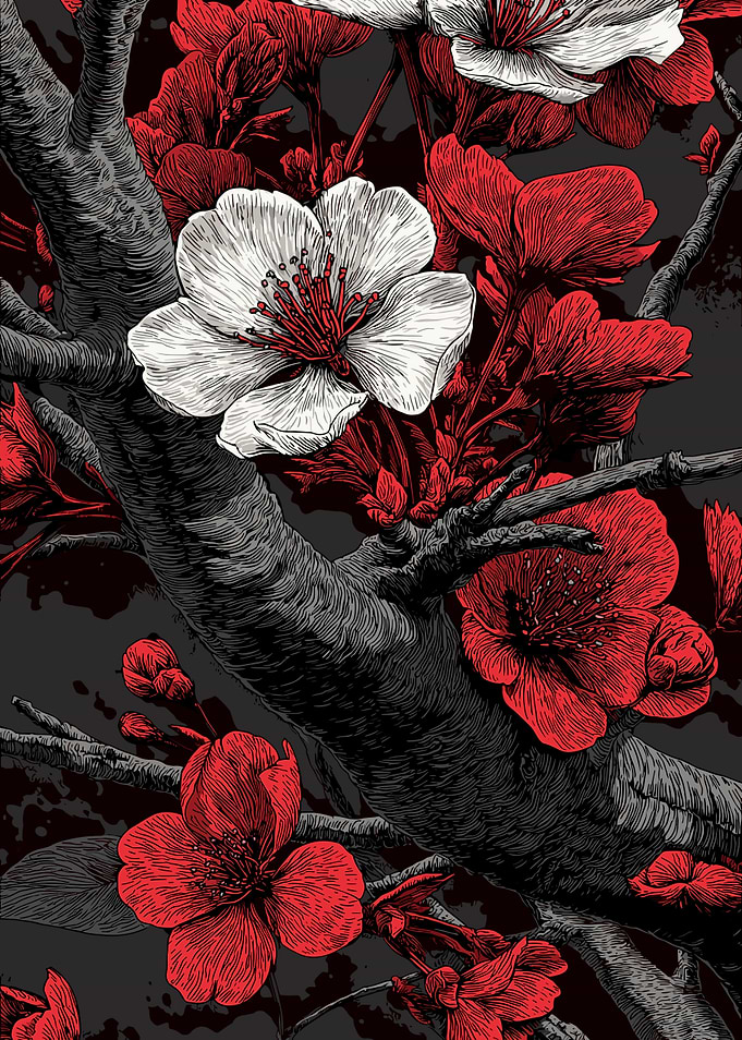 Red and White Floral Branch Art