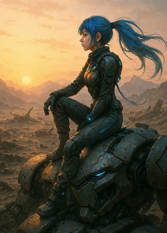 Sci-fi Girl on Robot at Sunset