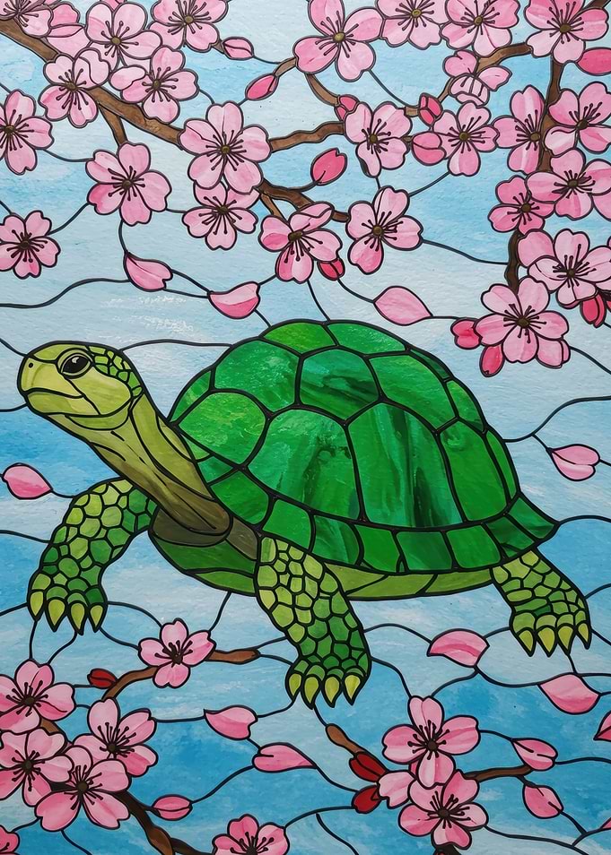 Turtle and Cherry Blossoms Art