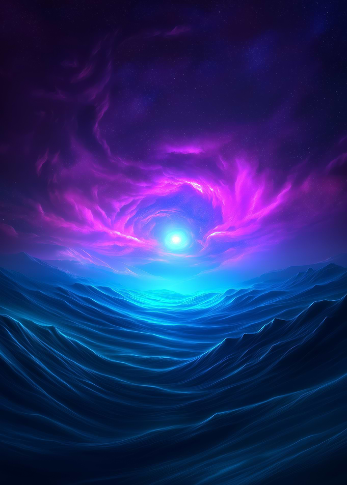 A cosmic storm over a glowing sea of otherworldly waves