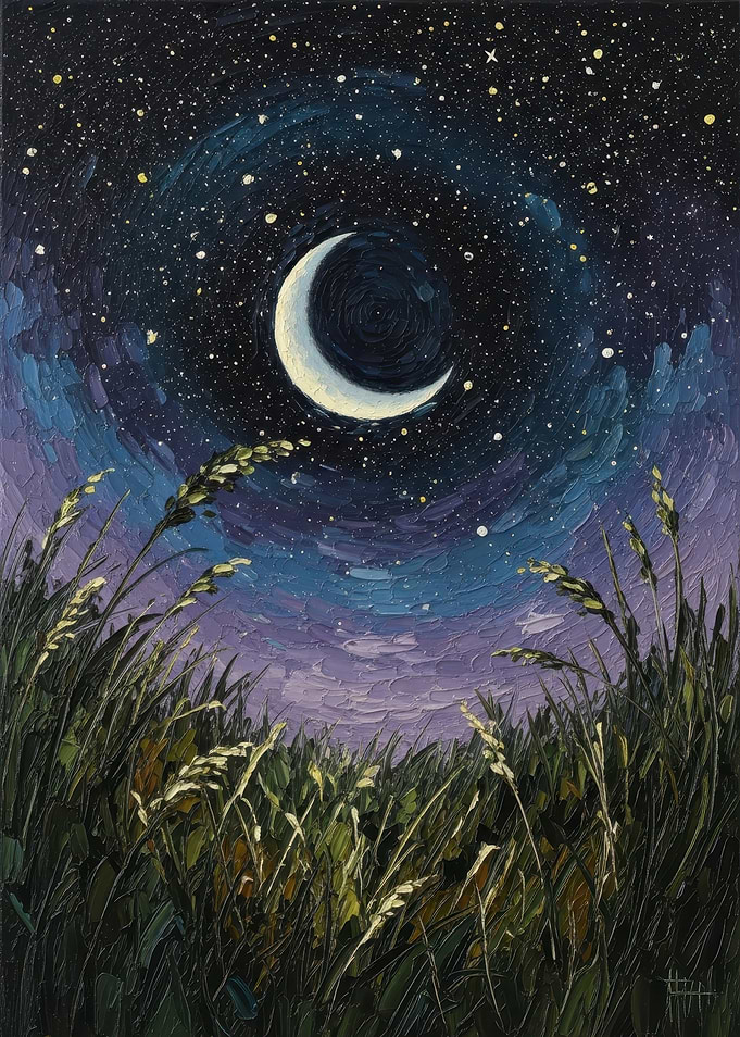 Crescent Moon Over Field Painting
