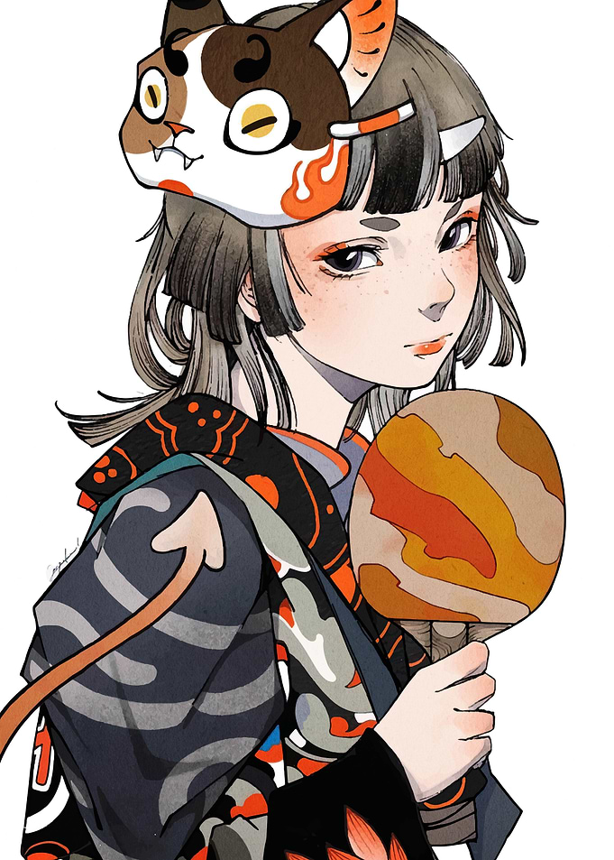Girl with Cat Mask and Paddle