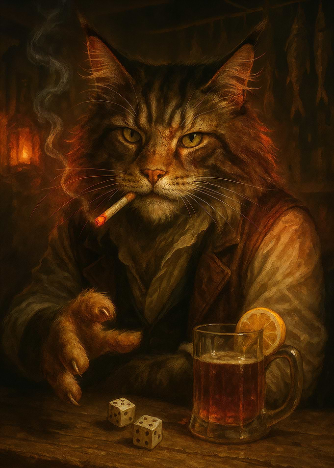 Bartender Cat Smoking and Drinking Beer