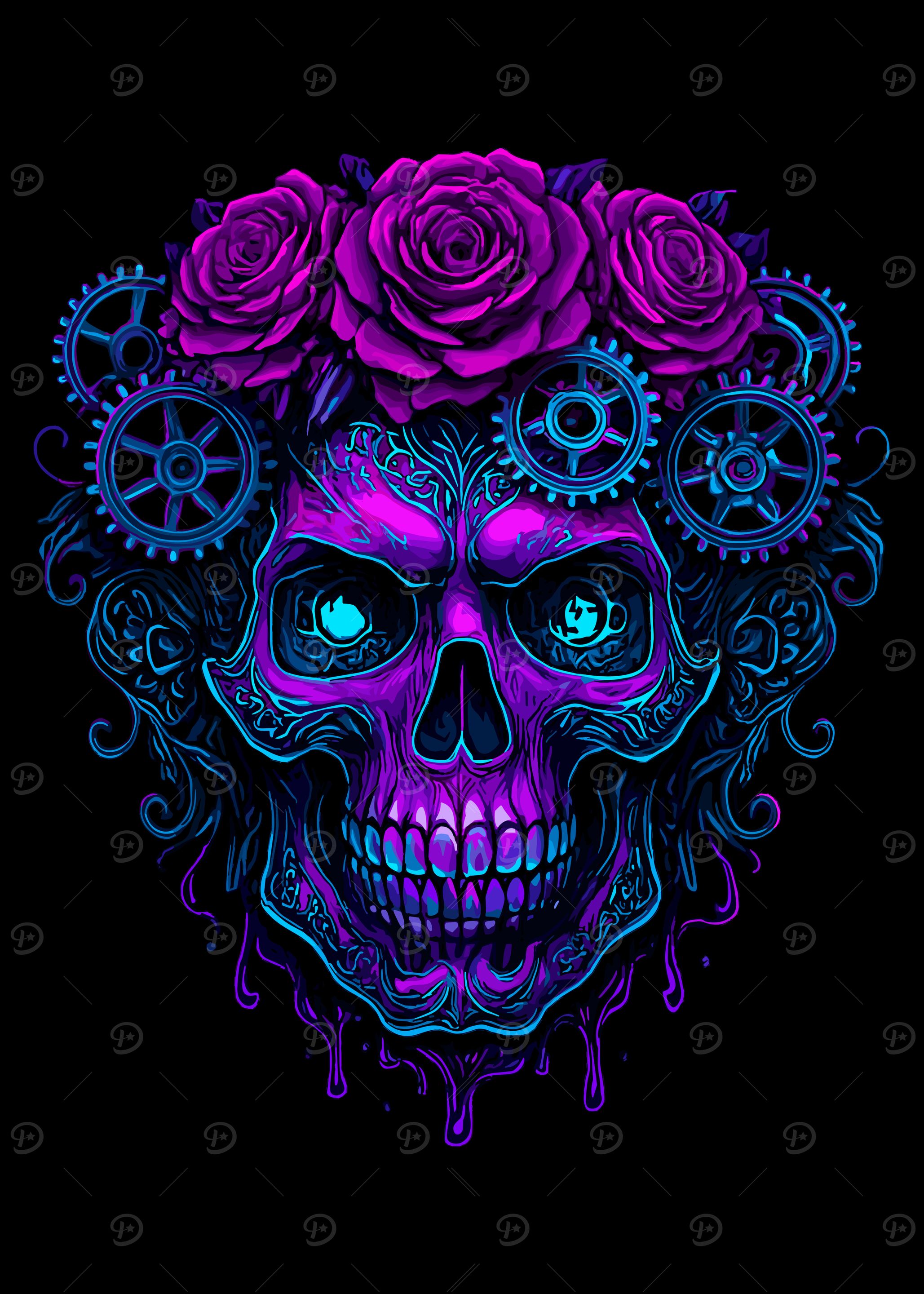 Neon Skull with Roses and Gears