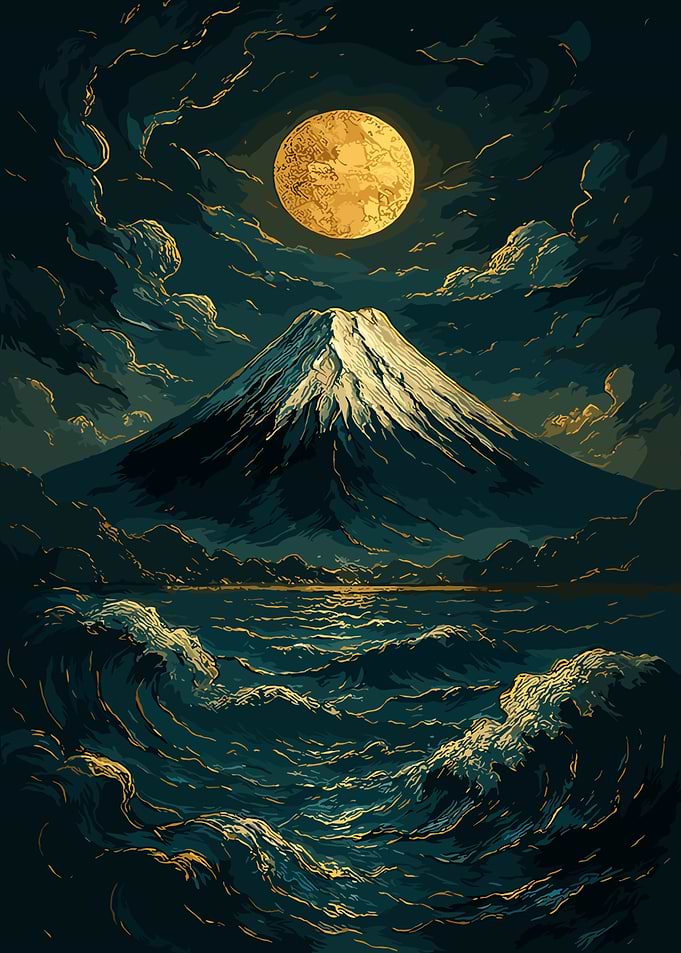 Mountain, Moon, and Ocean Landscape
