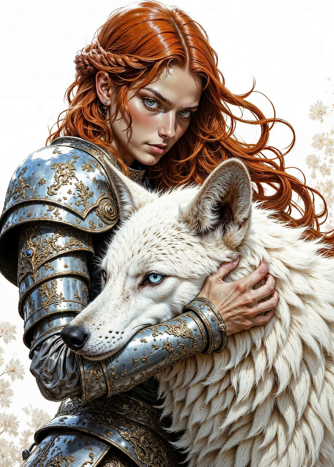Red-Haired Warrior and Her Loyal White Wolf Companion: An Epic Fantasy Portrait