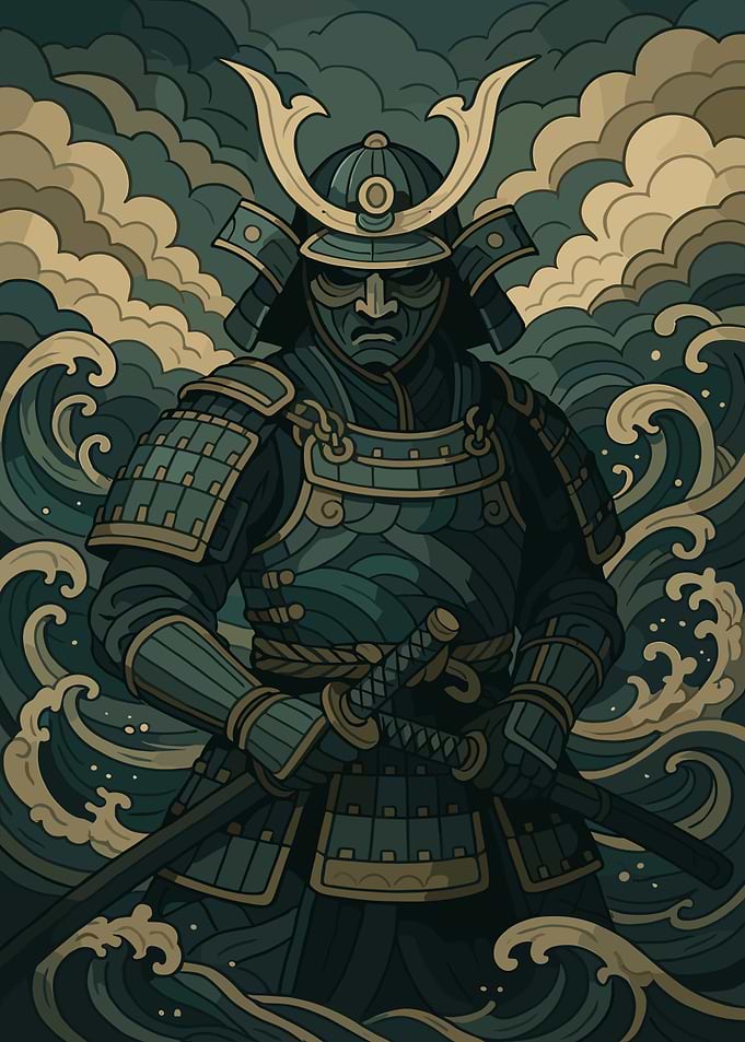 Samurai Warrior in Teal and Gold