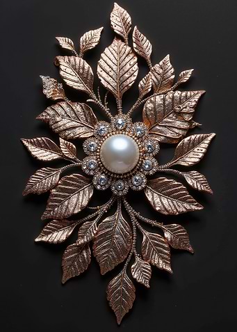 Pearl and Bronze Leaf Brooch