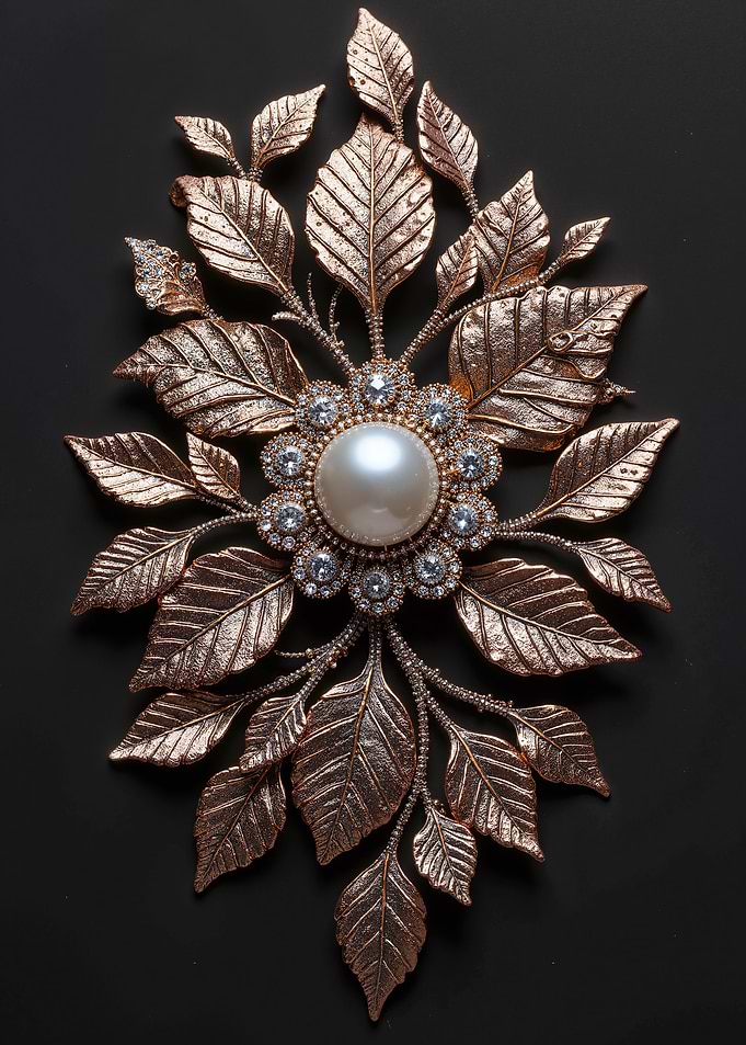 Pearl and Bronze Leaf Brooch
