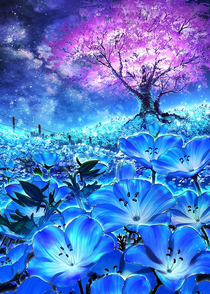 Blue Flowers and Pink Tree Landscape