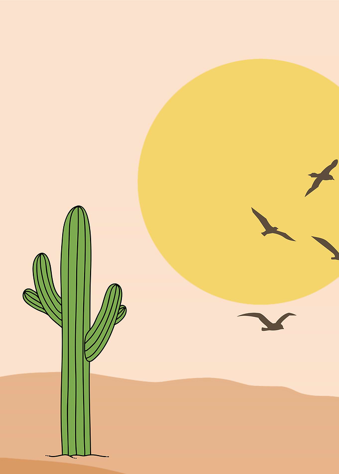Desert Landscape with Cactus and Birds