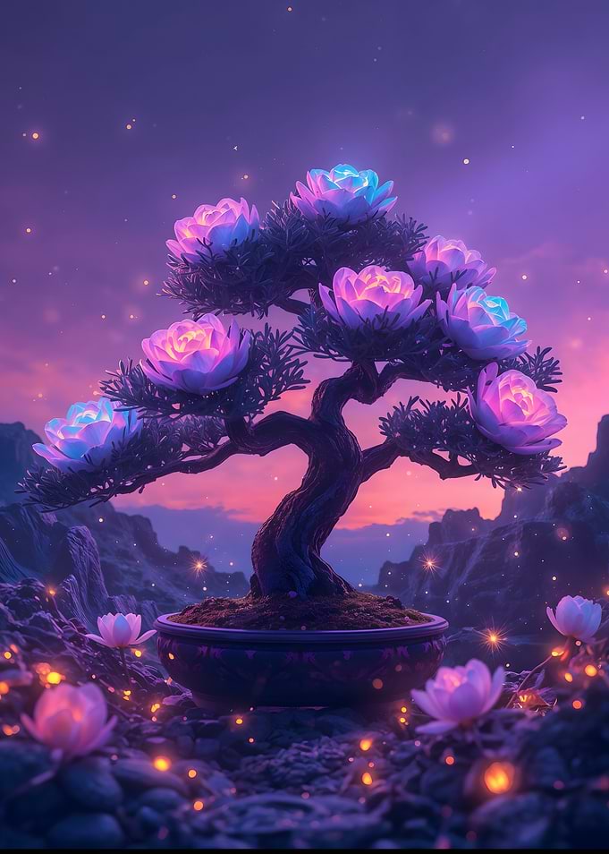 Glowing Bonsai Tree with Lotus Flowers