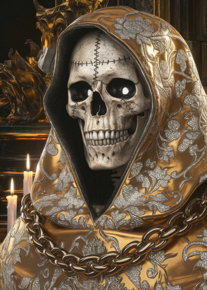 Ornate Skull in Golden Hood