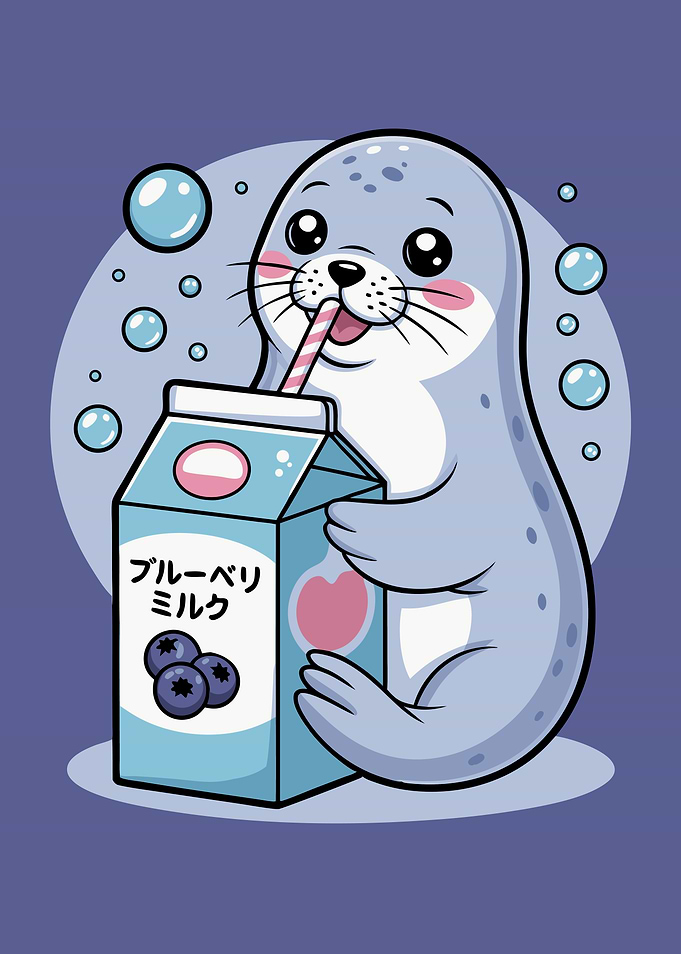 Cute Seal Drinking Blueberry Milk Cartoon