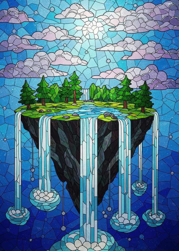 Floating Island Waterfall Stained Glass Art