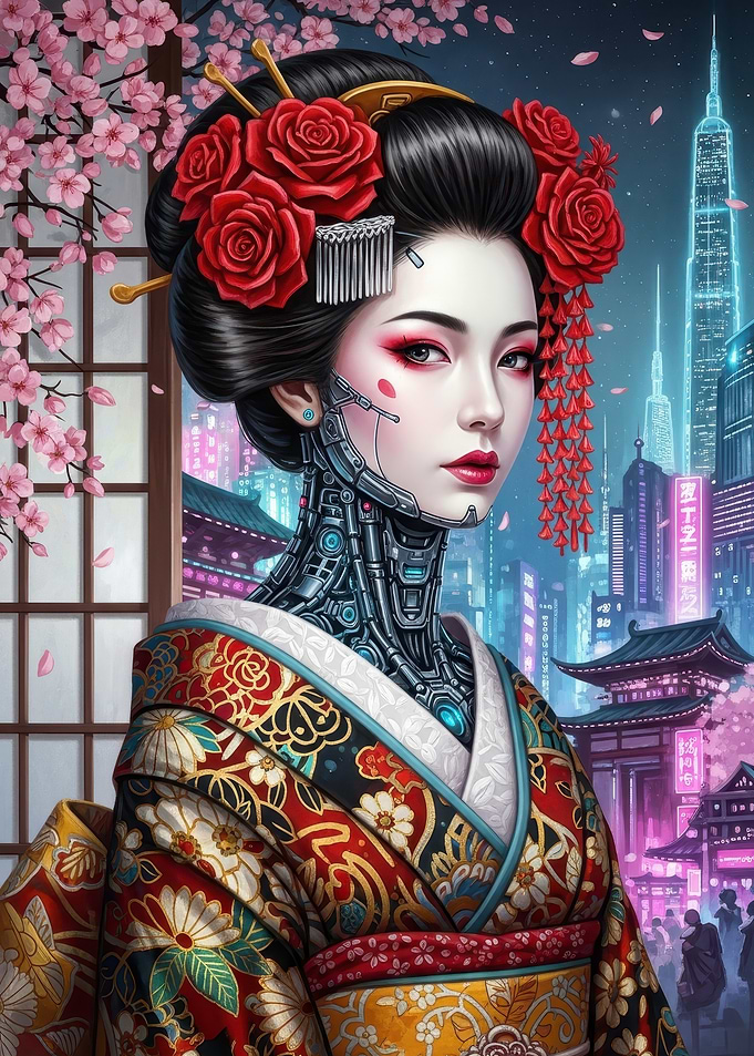 Cyberpunk Geisha with Cherry Blossoms