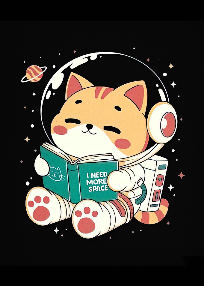 Astronaut Cat Reading Book in Space