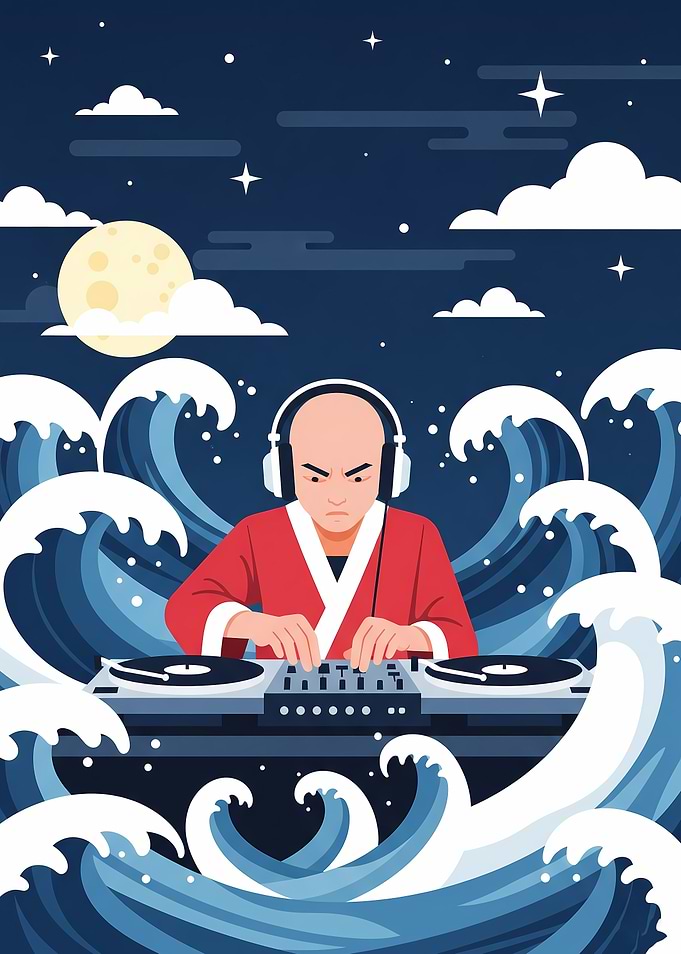 DJ Monk in Ocean Waves