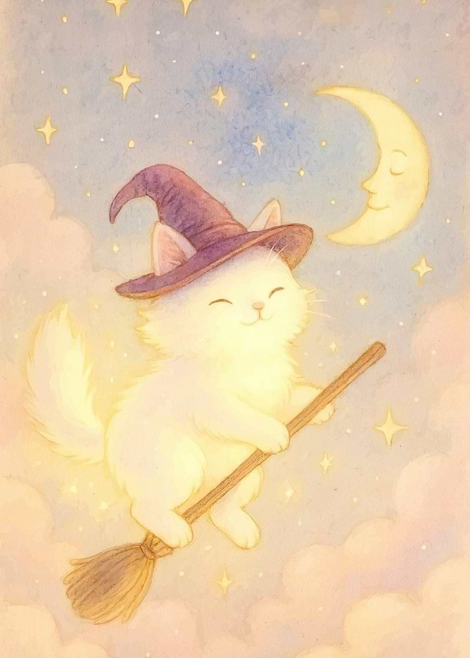 Witch Cat Flying Broom