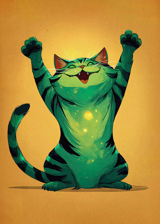 Happy Green Striped Cat Illustration