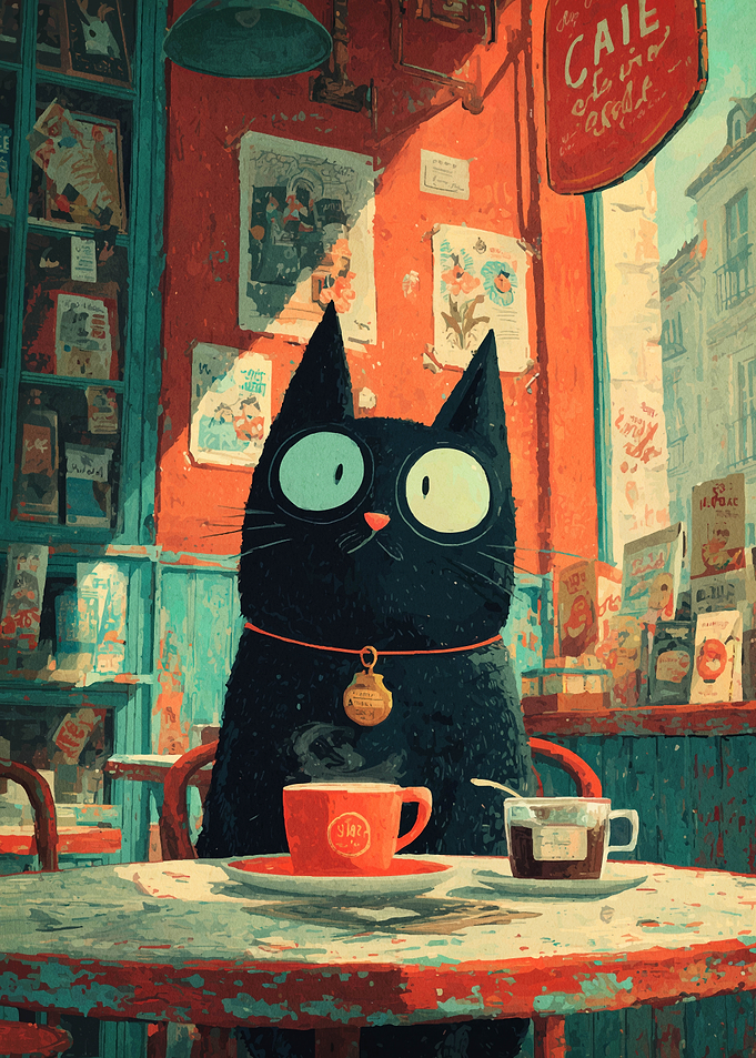Cat at Cafe with Coffee