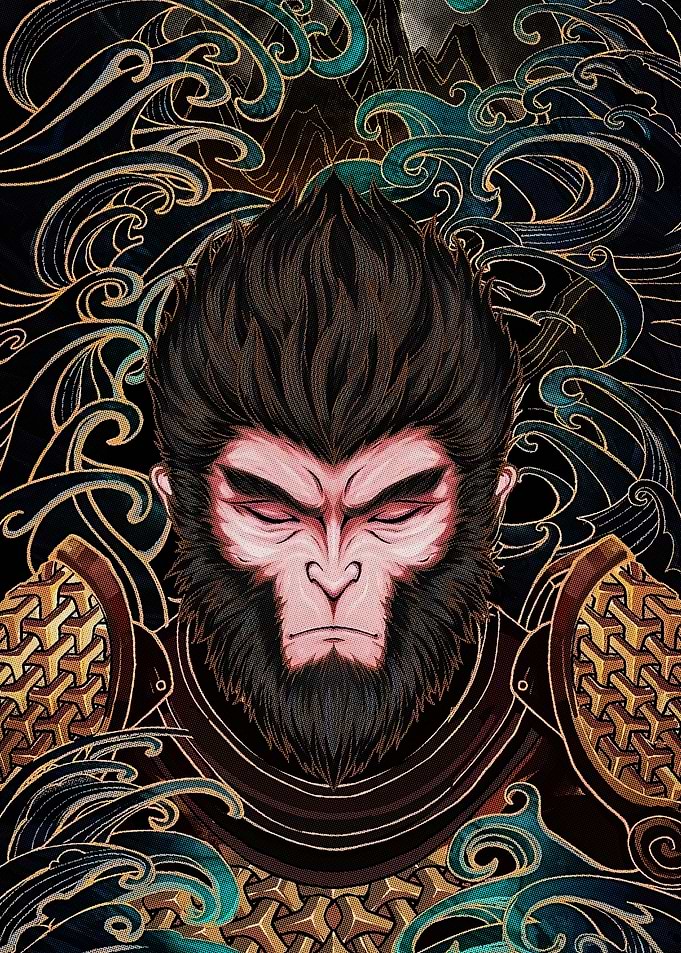 Monkey King Portrait with Waves
