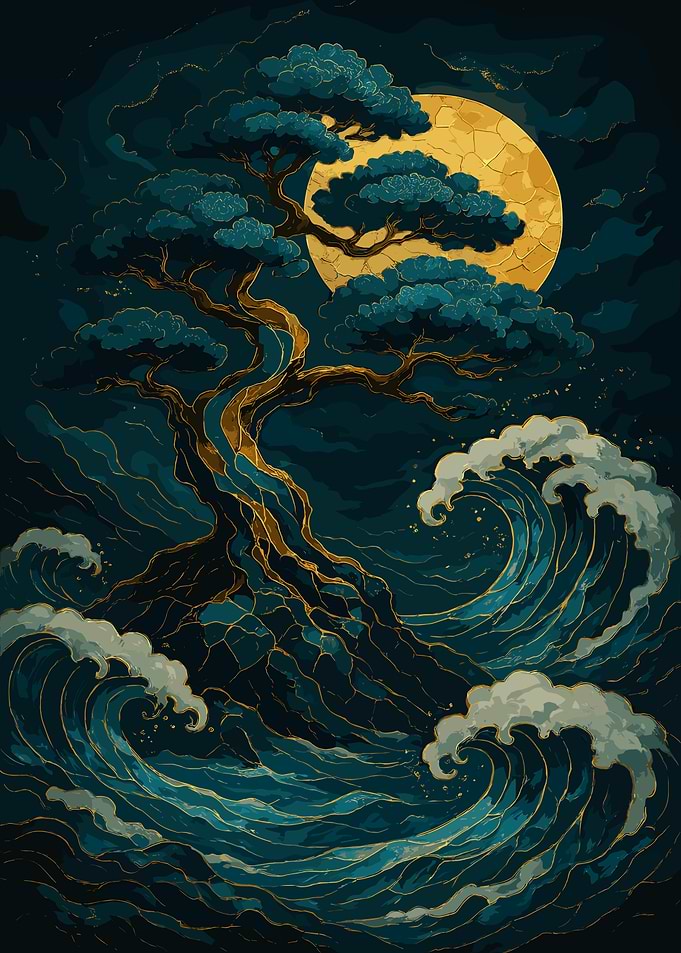 Bonsai Tree, Waves, and Moon