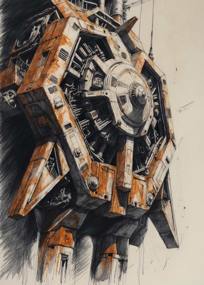 Rusted Mechanical Core — Industrial Sci‑Fi Engine Drawing